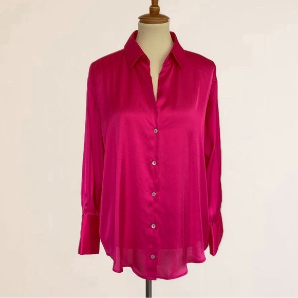 NWT Zara Pink Satin Long Sleeve Shirt With Classic Collar Long Cuffs - Picture 1 of 9